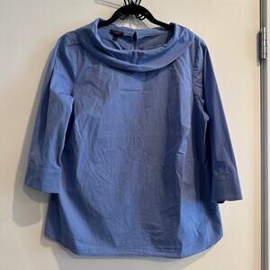 Talbots Sabrina Poplin Top Blue Draped Cowl Back Button 3/4 Sleeve Sz 0XP